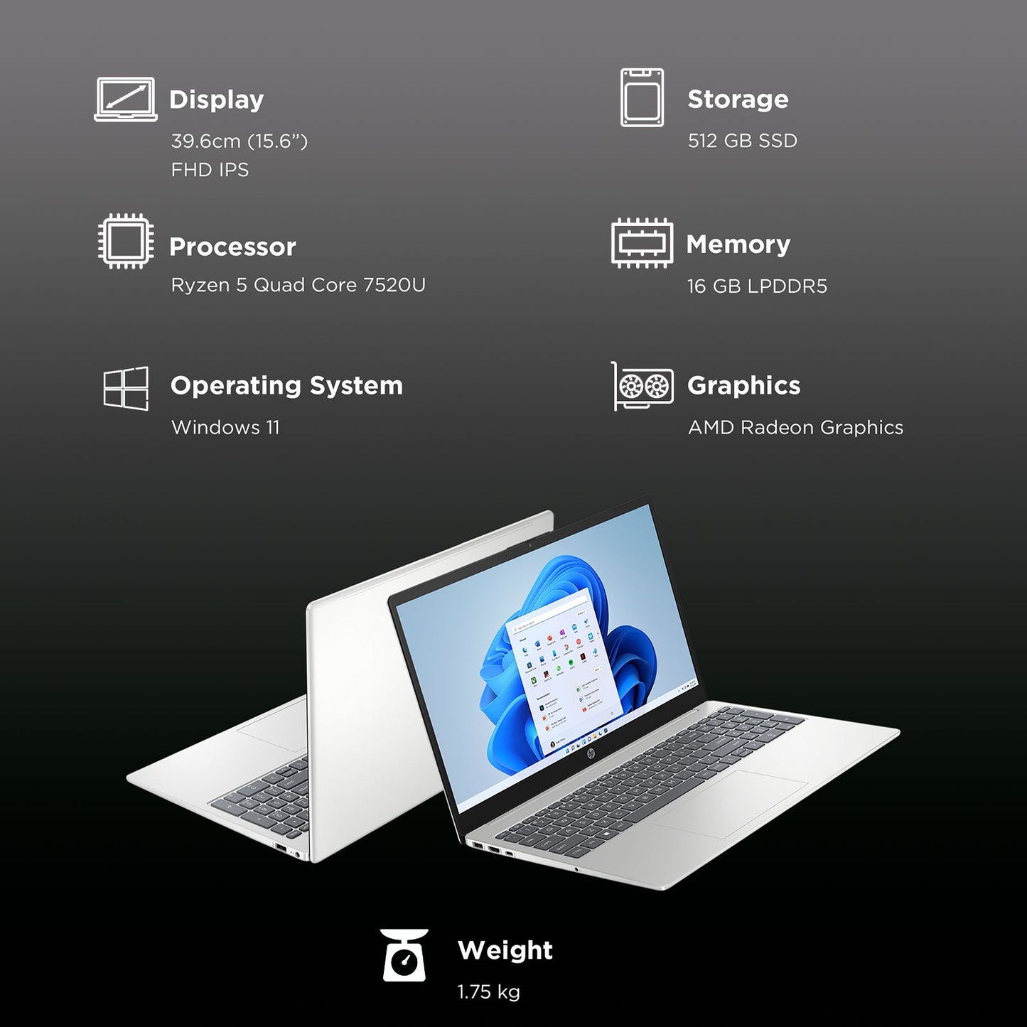 HP 15-FC0030AU AMD Ryen 5 Thin and Light Laptop (16GB, 512GB SSD, Windows 11 Home, 15.6 inch FHD IPS Display, MS Office 2021, Natural Silver, 1.75 KG)