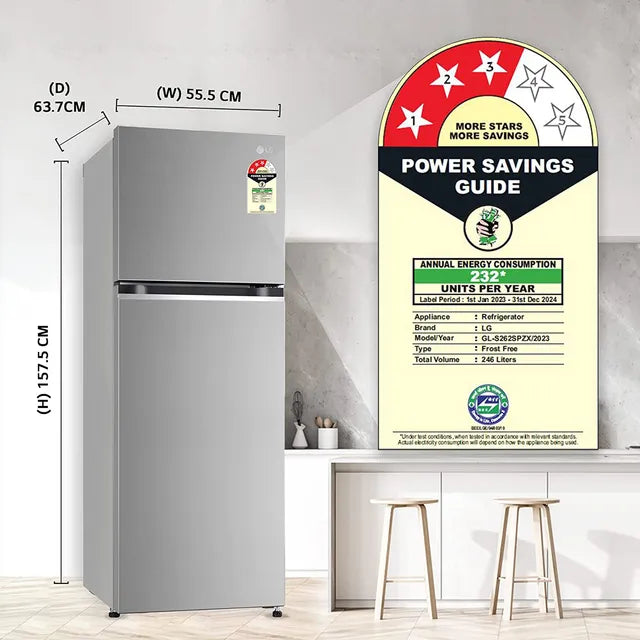 LG GL-S262SPZX.DPZZEB  246 Litres 3 Star Frost Free Double Door Convertible Refrigerator with Smart Diagnosis ( Shiny Steel)
