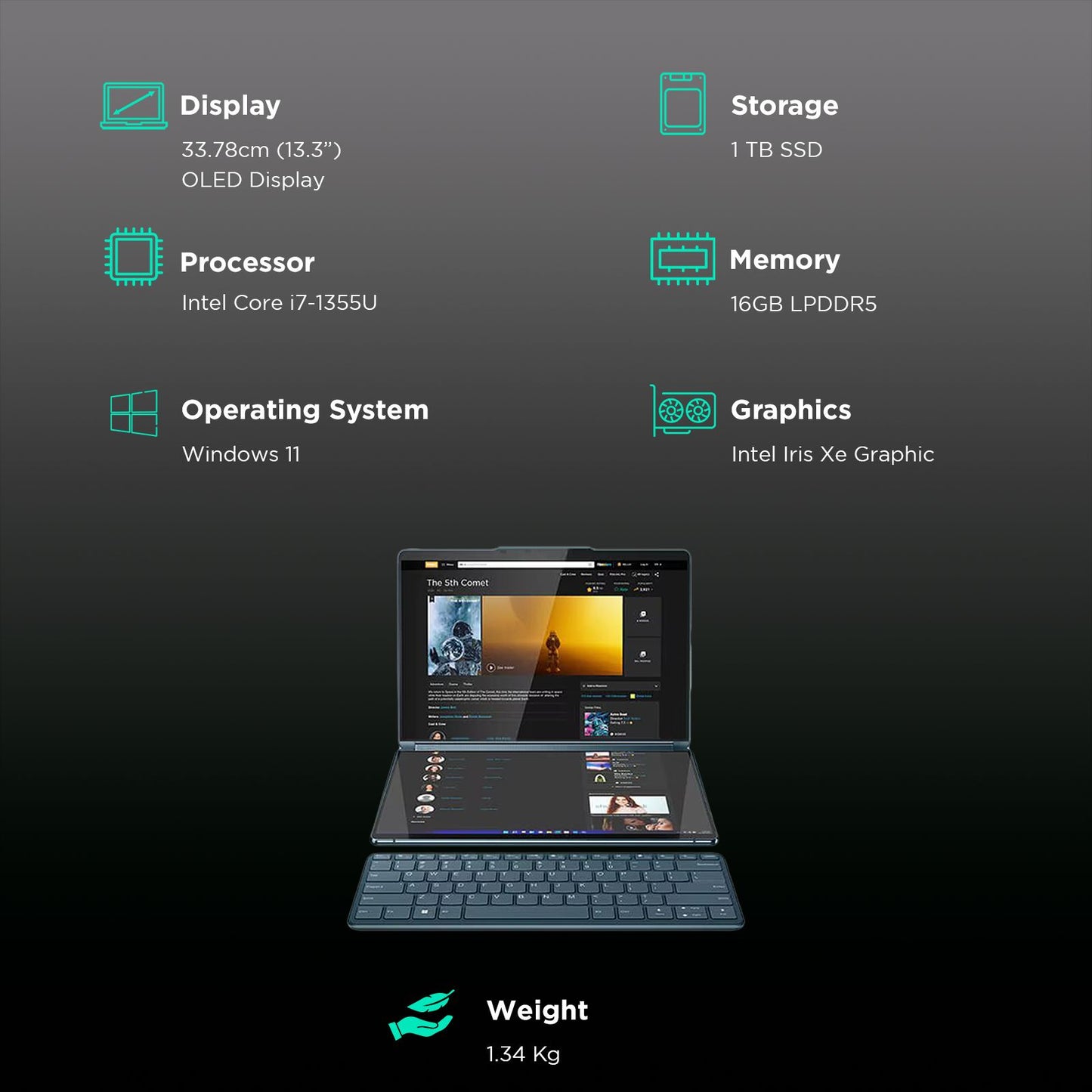 Lenovo Yoga Book 9 13IRU8 Intel Core i7 13th Gen (13.3 inch, 16GB, 1TB, Windows 11 Home, MS Office 2021, Intel Iris Xe, OLED Display, Tidal Teal, 82YQ001DIN)