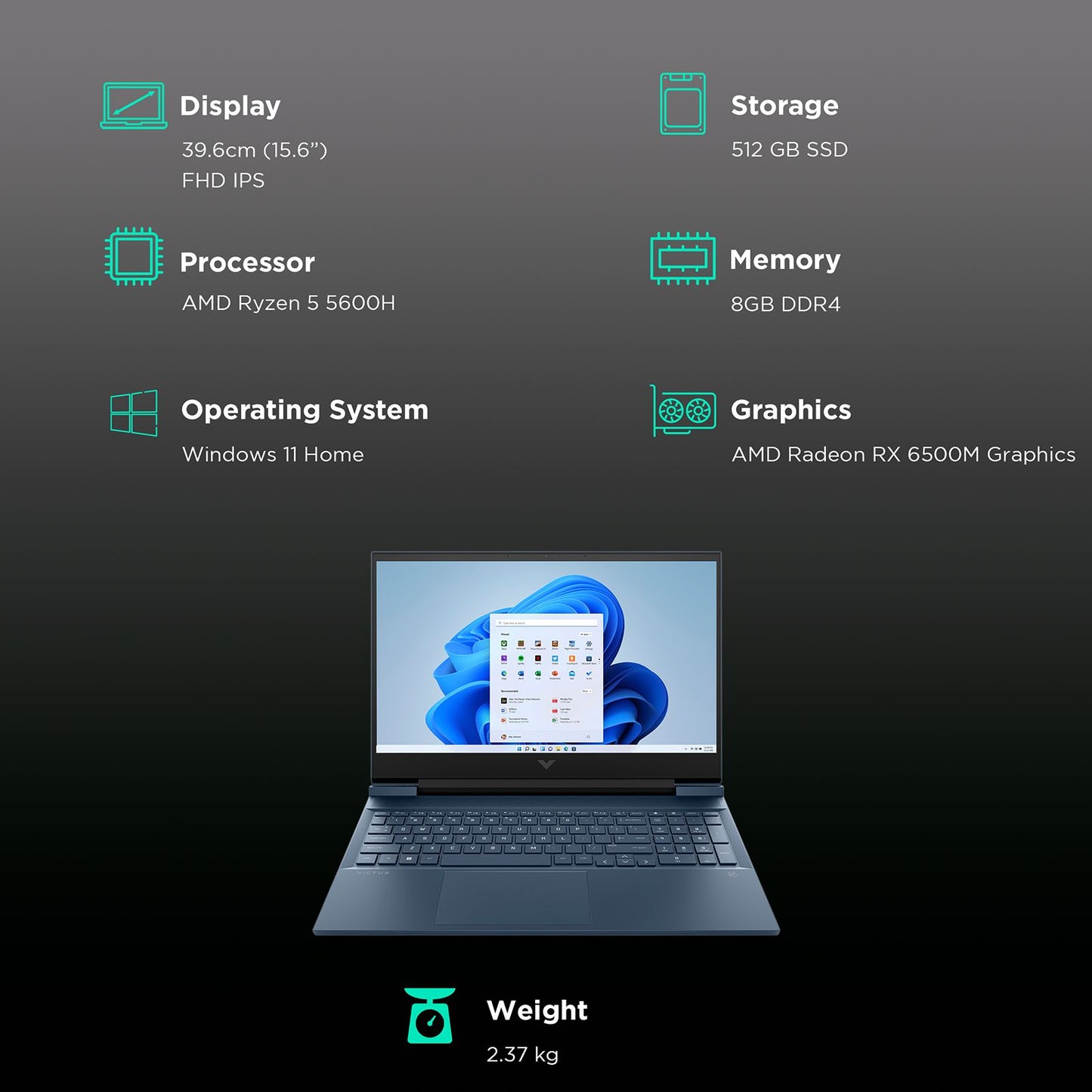 HP Victus 15-fb0153AX AMD Ryzen 5 (15.6 inch, 8GB, 512GB, Windows 11 Home, MS Office 2021, AMD Radeon RX 6500M, FHD IPS Display, Performance Blue, 8H5K2PA)