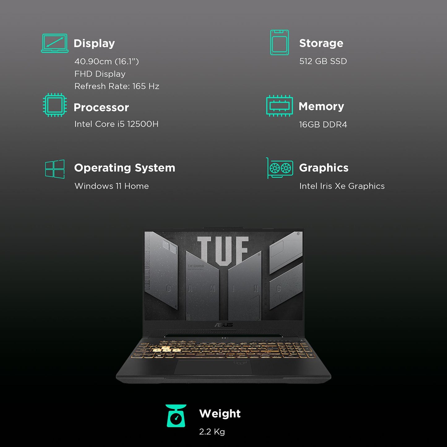 ASUS TUF Gaming F15 FX507ZC4-HN116WS Intel Core i5 12th Gen Gaming Laptop (16GB, 512GB SSD, Windows 11 Home, 4GB GDDR6, 15.6 inch 144 Hz Full HD IPS Display, NVIDIA GeForce RTX 3050, MS Office 2021, Mecha Gray, 2.2 KG)