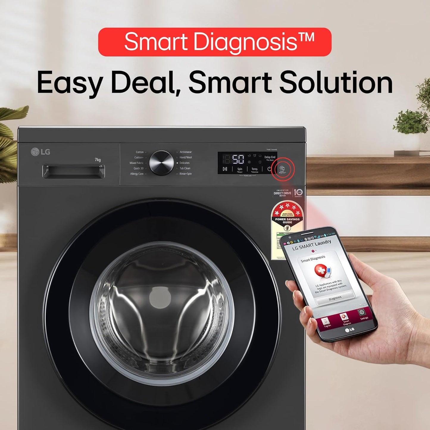 LG FHB1207Z2M 7 Kg 5 Star Front Load Washing Machine (Direct Drive, Steam Wash, In-Built Heater, Middle Black)