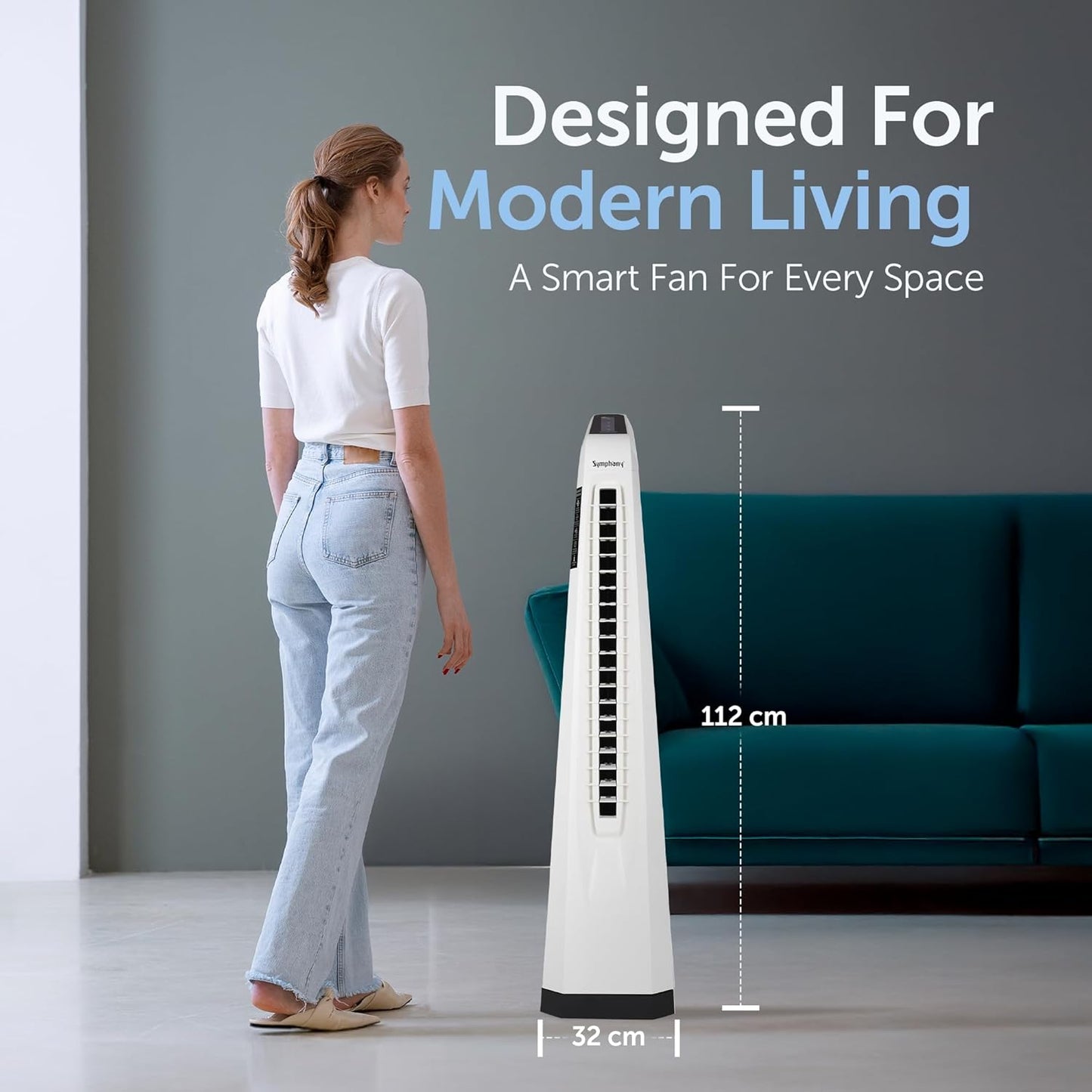 Symphony Surround-i Bladeless Tower Fan for Room | High-Speed with Swivel Action, Touchscreen Control Panel & Remote | 1 Year Warranty | White
