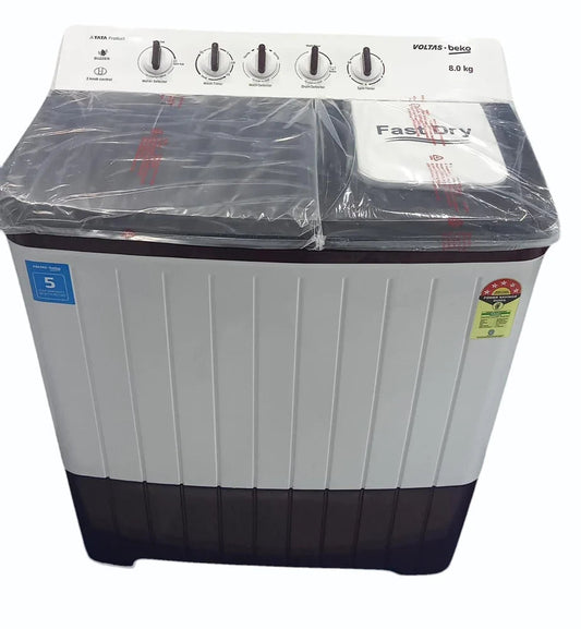 Voltas Beko WTT80UHA/BRSSWH5PODE 8 Kg Semi-Automatic Top Load Washing Machine – 5 Star, Soft Close Lid, Double Waterfall | Burgundy