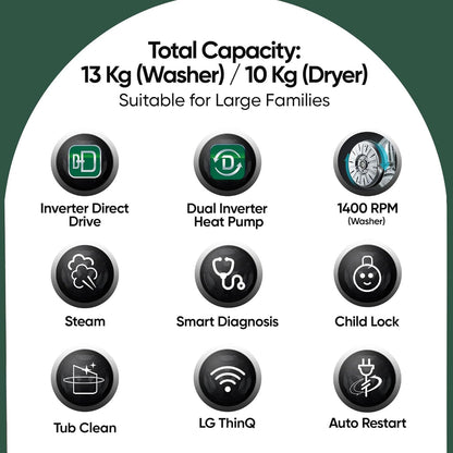 LG FWT1310BG WashTower 13 Kg/10 Kg Washer Dryer Combo | AI Direct Drive, Dual Inverter Heat Pump, Wi-Fi Enabled, Steam+, Central Control Panel | Natural Beige & Green