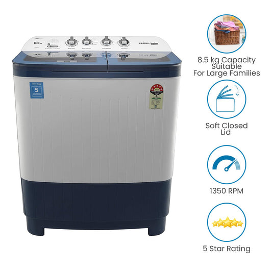 Voltas Beko WTT85DBLG 8.5 Kg Semi Automatic Washing Machine (5 Star, Double Waterfall, Soft Close Glass Lid, IPX4 Panel, Sky Blue)