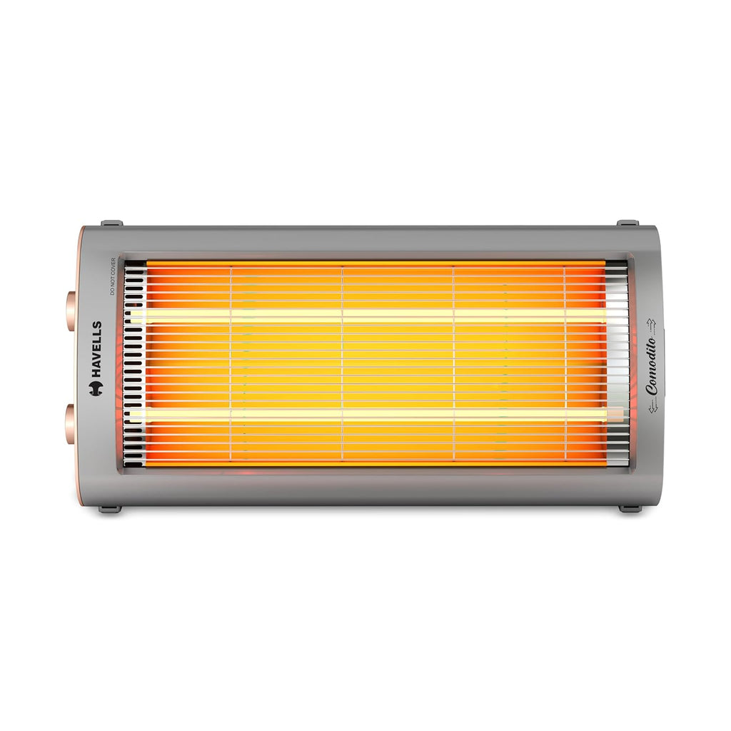 Havells Comodito 900 Watt Room Heater | Safety Grill, 120 Minute Sleep Timer Control knob | Rust Free Stainless Steal Reflector, Carbon Fiber Rods, Power Off & Heat Setting | (Pack of 1, Grey) GHRGHCHE090