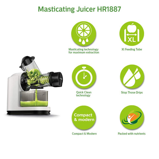 Philips HR1887/81 XL Viva Collection Masticating Juicer | Cold Press Slow Juicer | 70mm Wide Feeding Tube | QuickClean | 150W | 2-Year Warranty