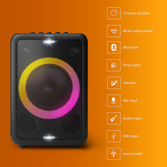 Philips Audio TAX3206 60W Bluetooth Party Speaker | 14-Hour Playtime, Deep Bass, Mic & Guitar Input, Party Lights, Karaoke Mode