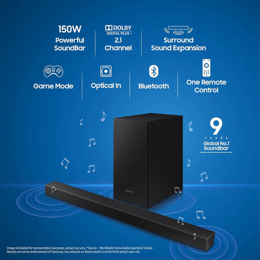 Samsung HW-T42E/XL 150W 2.1 Channel Bluetooth Soundbar with Dolby Digital, Built-in Woofer & Game Mode – Black