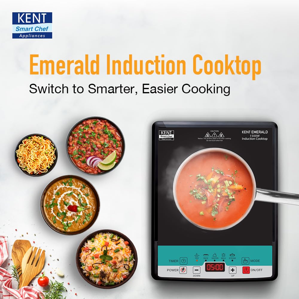 KENT Emerald Induction Cooktop 1500W|Faster Cooking With 5 Preset Options|Full Microcrystalline Glass|Adjustable Temperature Function|Overheat Protection|Safe Cooking And Easy Cleaning,Black