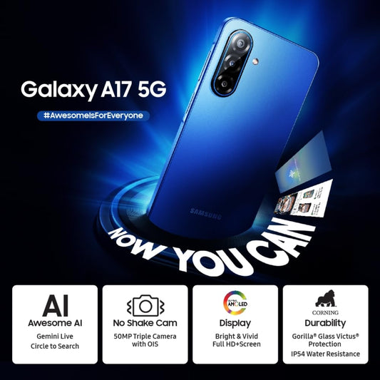 Samsung Galaxy A17 5G (Black, 8GB RAM, 256GB Storage) | with Travel Adapter | 50 MP No Shake Camera | Gemini Live | Circle to Search | Super AMOLED | Corning Gorilla Glass Victus | 7.5mm Sleek | AI