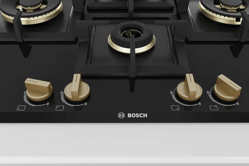Bosch PNI7B6F20I 4 Burner Built-in Glass Gas Hob – Auto Ignition, Flame Failure Safety, Bevelled Glass, Made in Spain (Black)