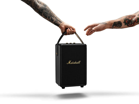 Marshall Tufton 80W Bluetooth Portable Speaker (Black & Brass) | 20+ Hours Battery, IPX2 Water Resistant, Multi-Directional Sound