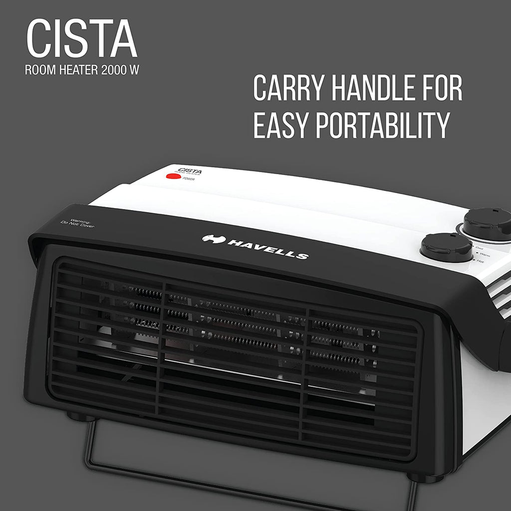 Havells Cista Room Heater 2000W (GHRFHAYW200) | Dual Heat Settings | Adjustable Thermostat | Cool Touch Body | Overheat Protection | Portable Design | White