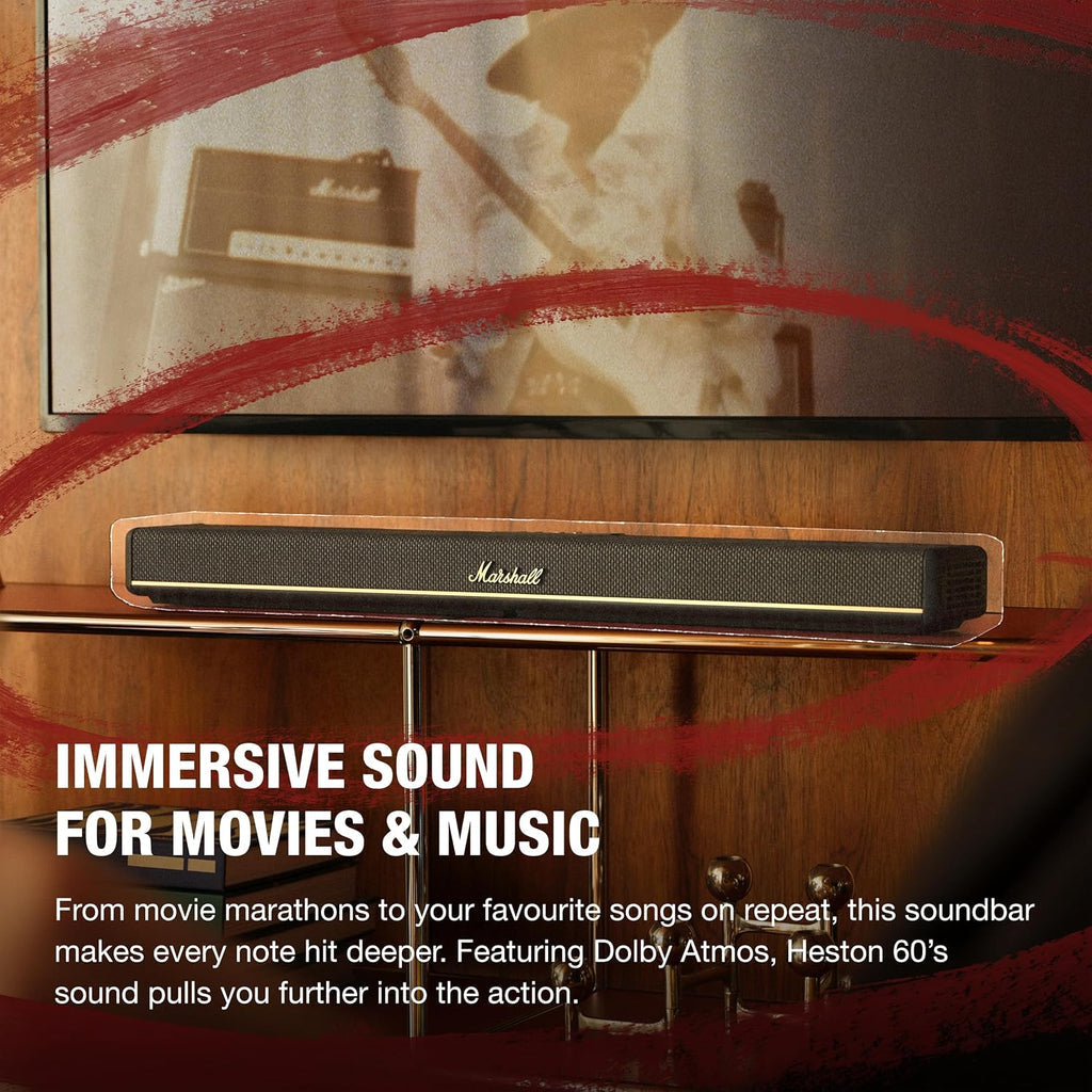 Marshall Heston 60 soundbar with Dolby Atmos & DTS:X, Wired & Wireless Subwoofer Connectivity – Dual HDMI, RCA, Bluetooth, WiFi, Google Cast, Spotify, Airplay2