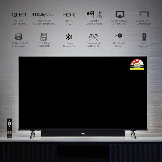 VU 65VIBE-DV – 3 Year Warranty 65 Inch 4K QLED Google TV (2025 Model) with Dolby Vision & Atmos, 88W Integrated Soundbar, HDMI 2.1, MEMC, AI Processor & Bezel-Less Design