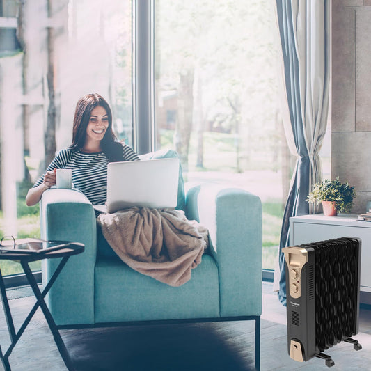 Crompton OFR2900W13F 13 Fin Insta Ferver wave Fin OFR (Oil Filled Radiator)|Room Heater|2900 W|3 Heat Settings & PTC Fan Heater|Comfortable Breathing|360° Heating (Black)|2yrs warranty | Black & Copper