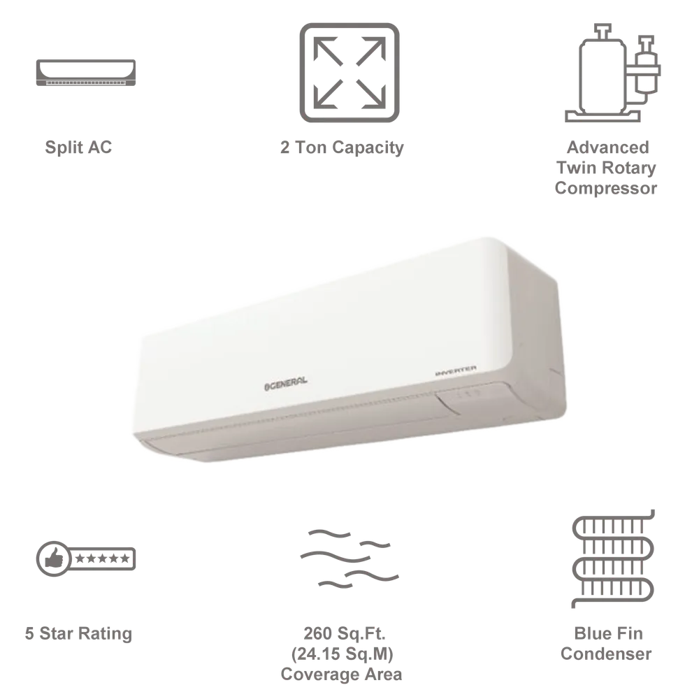 O’General ASGG24KJTA-B 2 Ton 4 Star Inverter Split AC (Hot & Cold, Copper Condenser, R32, Hyper Tropical Rotary Compressor, 10-Year Warranty) Delhi NCR only