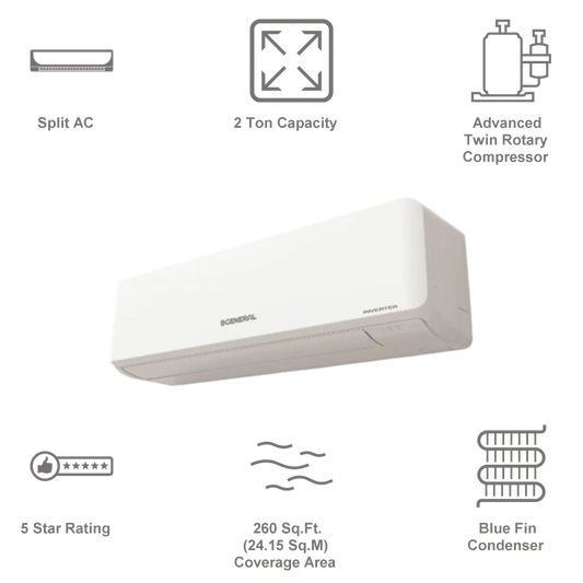 O’General ASGG24KJTA-B 2 Ton 4 Star Inverter Split AC (Hot & Cold, Copper Condenser, R32, Hyper Tropical Rotary Compressor, 10-Year Warranty) Delhi NCR only