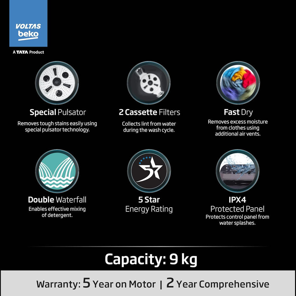 Voltas Beko WTT90UDX/BKGR4KGTD 9 Kg 5 Star Semi-Automatic Top Load Washing Machine | Twin Tub | Special Pulsator | Double Waterfall | Black
