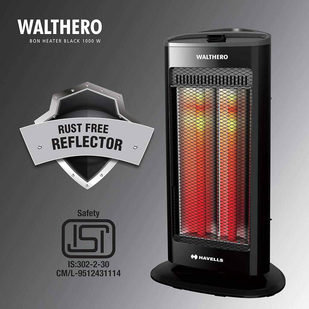 Havells Walthero Carbon Black 1000W Tower Room Heater | Dual Heat Settings | Tip-Over Safety | Oscillation | Rust-Free Reflector | Made in India