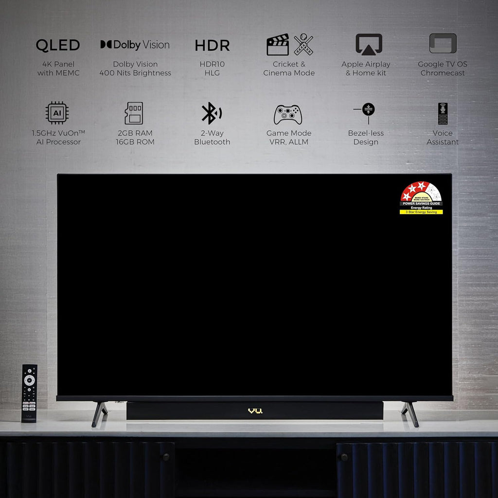 VU 55VIBE-DV – 3 Year Warranty 55 Inch 4K QLED Google TV (2025 Model) with Dolby Vision & Atmos, 88W Soundbar, HDMI 2.1, MEMC, AI Processor & Bezel-Less Design