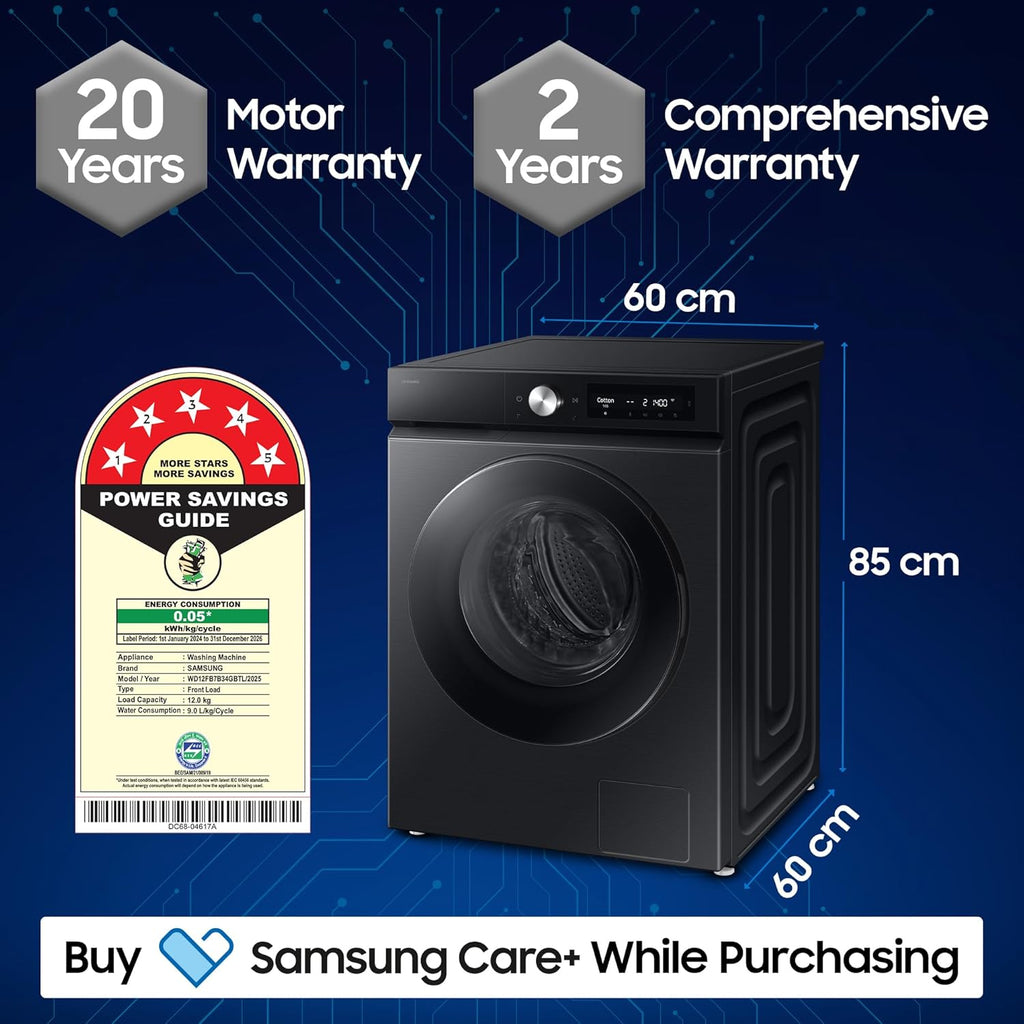 Samsung WD12FB7B34GBTL 12kg/7kg 5 Star AI EcoBubble Wi-Fi Inverter Fully Automatic Front Load Washer Dryer – Black | AI Control, Hygiene Steam, Air Wash
