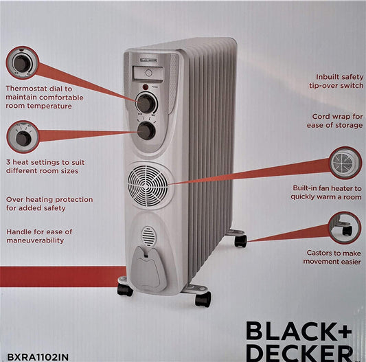 Black+Decker BXRA1102IN 11-Fin Oil Filled Radiator Room Heater with Fan | 2800W | 3 Heat Settings | Overheat Protection | 2-Year Warranty