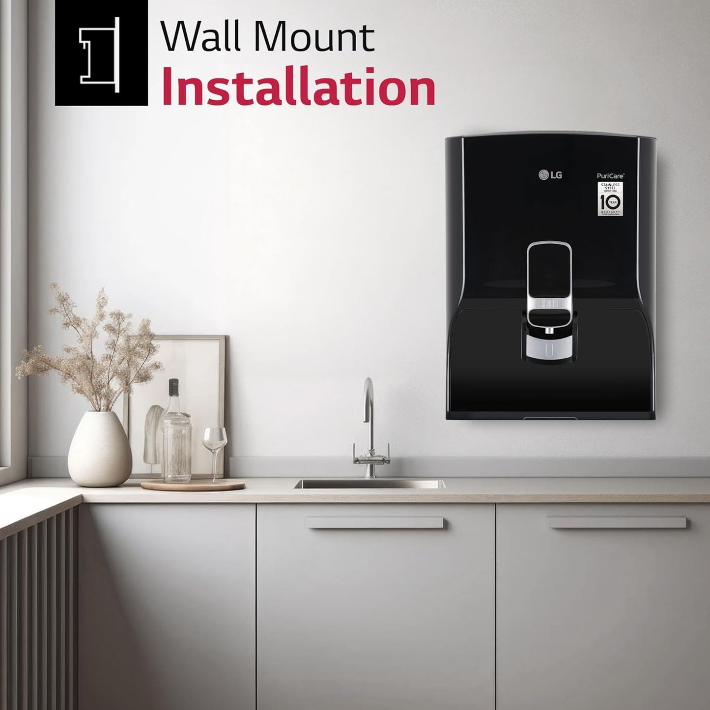 LG WW132NF RO Water Purifier | 8L Storage Airtight Stainless Steel Tank | Multi Stage Filtration | Wall Mount | Suitable for all Water Sources,  Black