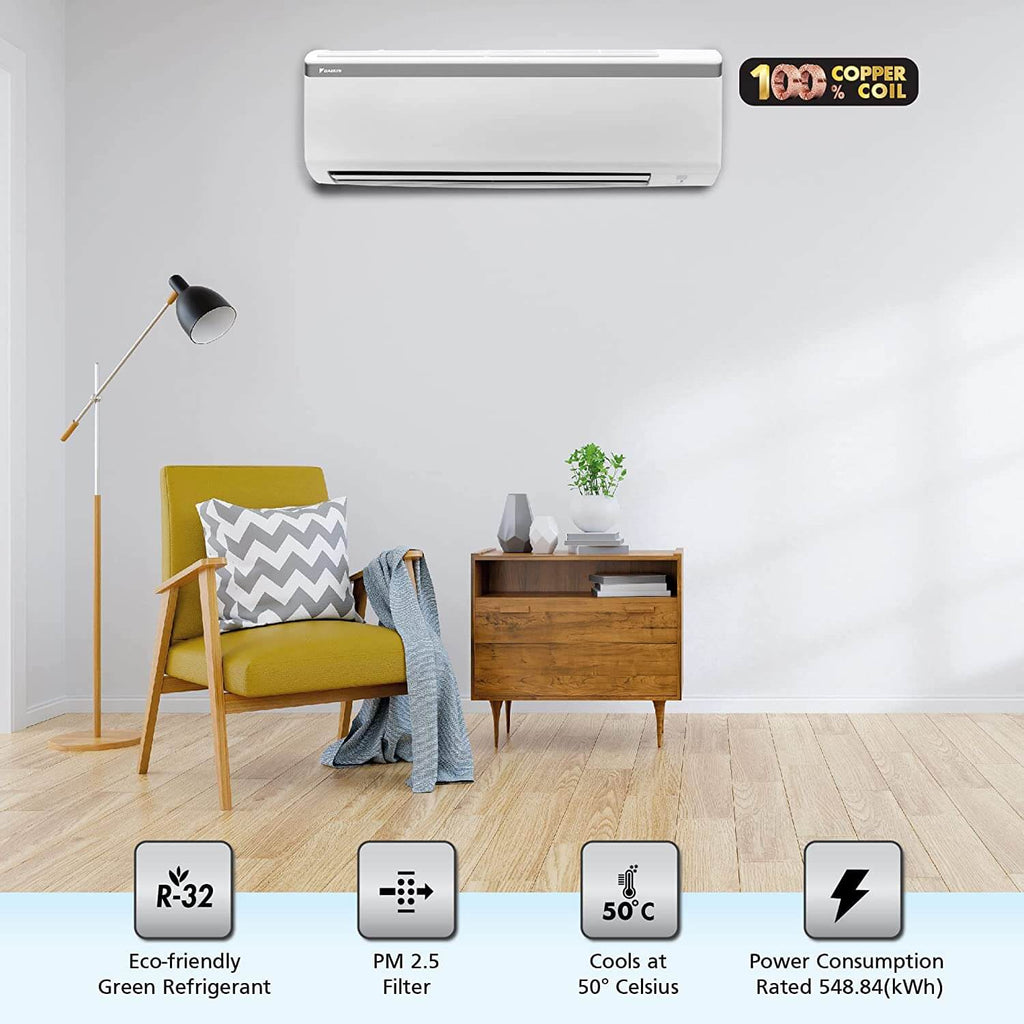 Daikin FTL28UV16 0.8 Ton 3 Star Split AC (Copper Condenser, PM 2.5 Filter, Power Chill, Non-Inverter, R32 Refrigerant, White) – Ideal for Small Rooms | Made in India