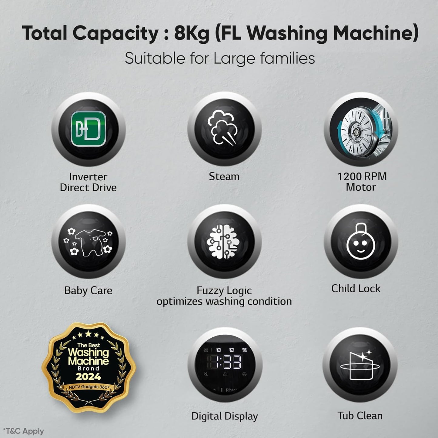 LG FHP1208Z3M 8 Kg 5 Star AI Direct Drive Front Load Washing Machine with Steam &amp; 6 Motion DD | Suraj Electronics Delhi NCR