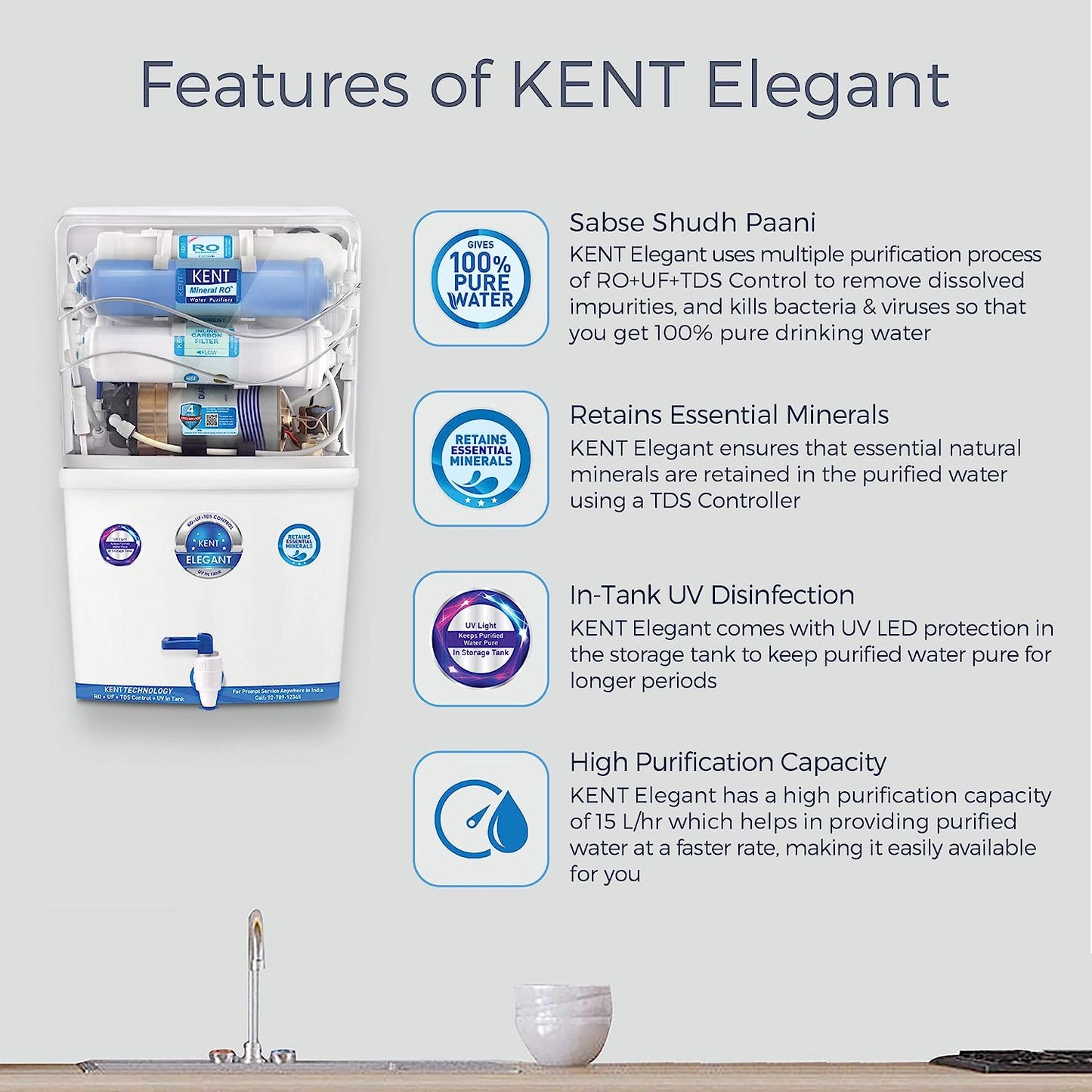 KENT Elegant Compact RO+UF Water Purifier | Patented Mineral RO Technology | RO + UF + TDS Control + UV In-tank | 15 LPH Output | 8L Storage