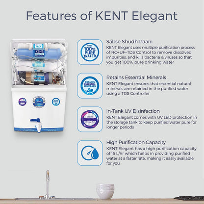 KENT Elegant Compact RO+UF Water Purifier | Patented Mineral RO Technology | RO + UF + TDS Control + UV In-tank | 15 LPH Output | 8L Storage