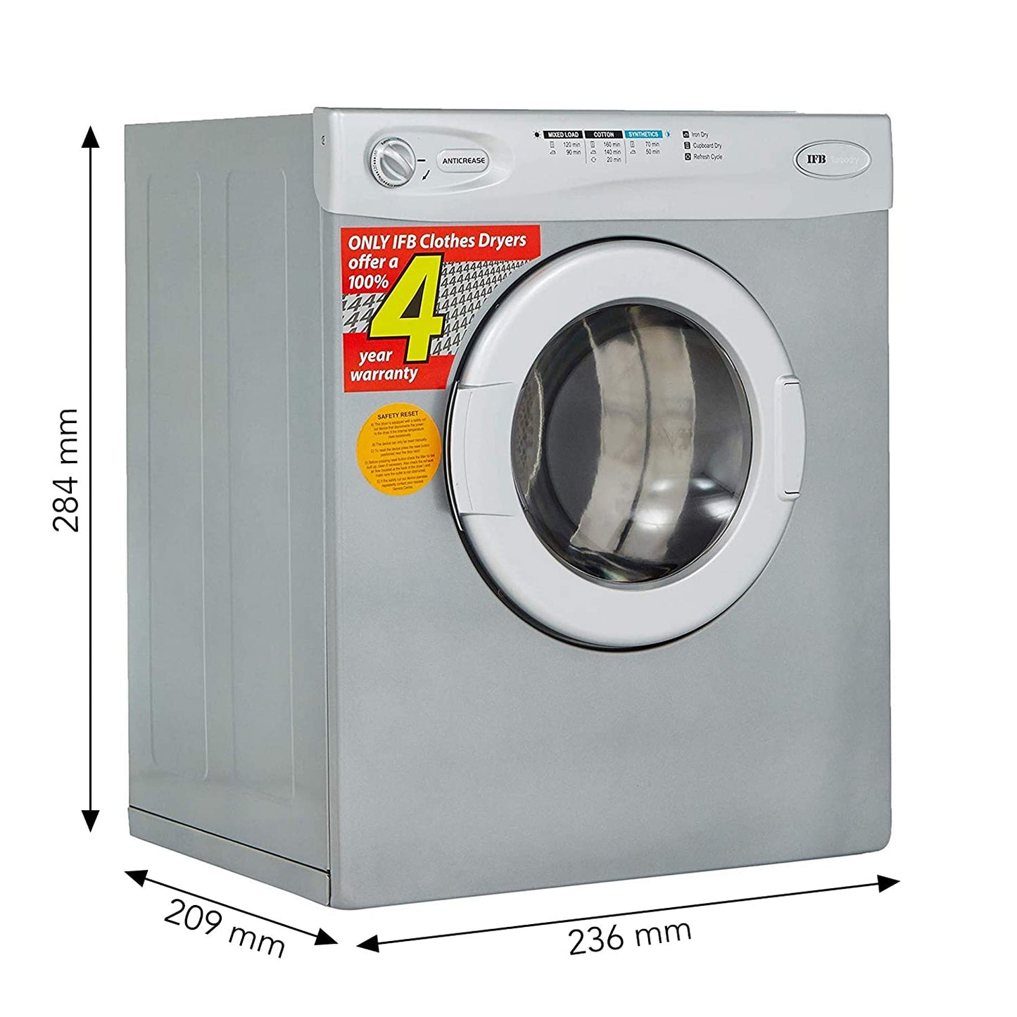 IFB Turbo Dry EX 5.5 Kg Cloth Dryer (Silver) – Allergy-Free Drying, Anti-Crease Function, 6 Programs, Stainless Steel Drum