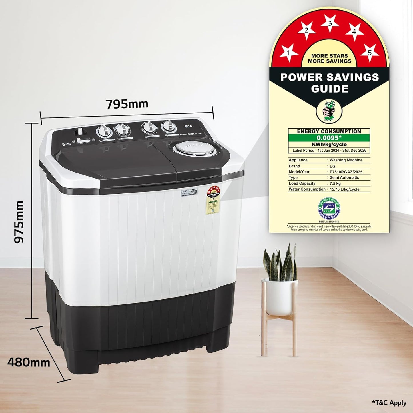 LG P7510RGAZ 7.5 kg 5 Star Semi-Automatic Washing Machine | Wind Jet Dry | Roller Jet Pulsator | Suraj Electronics Delhi NCR