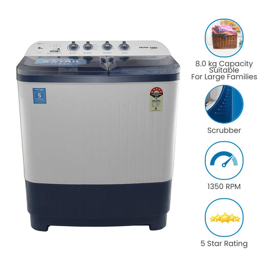 Voltas Beko WTT80DBLT 8 Kg Semi-Automatic Top Load Washing Machine | Double Waterfall | Soft Close Lid | Dual Cassette Filter | 1300 RPM Fast Dry | Sky Blue | Suraj Electronics