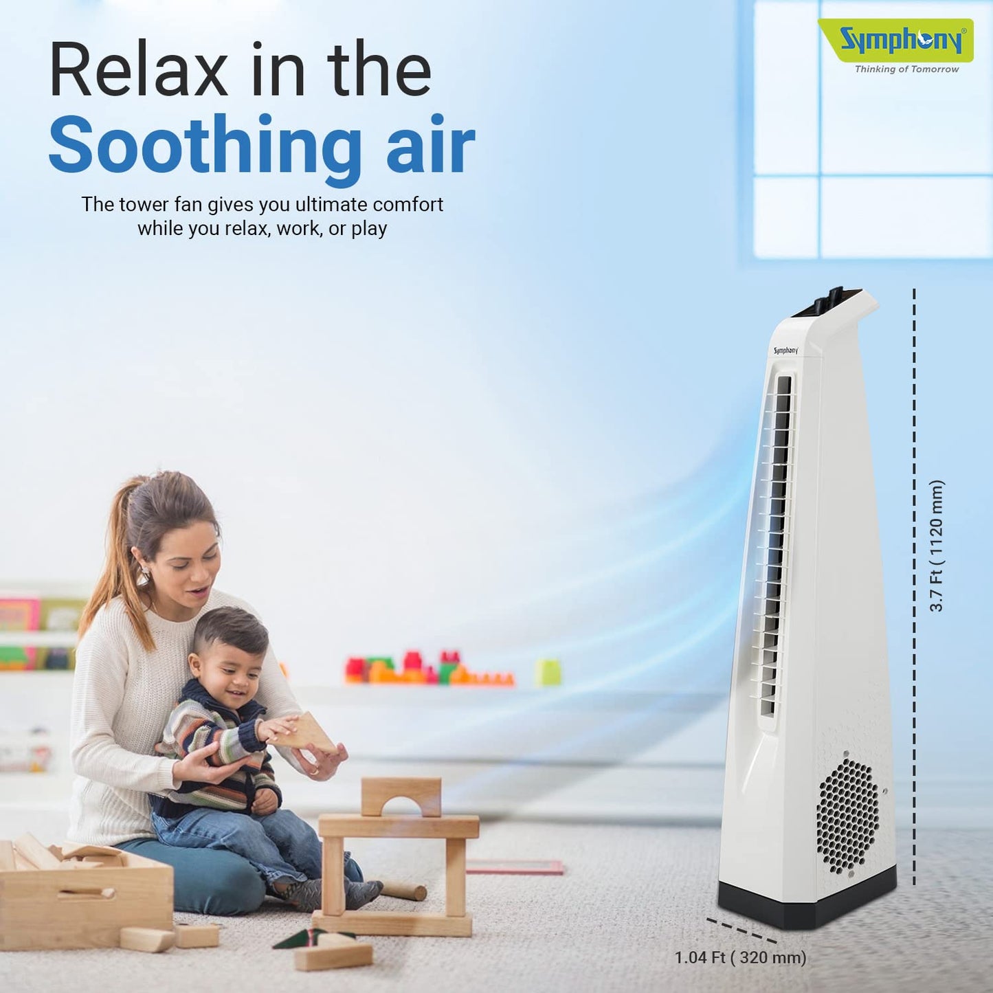 Symphony Surround Bladeless Tower Fan for Room & Office | High-Speed with Swivel Action & Simple Knob Control | Low Power Consumption | 1 Year Warranty | White