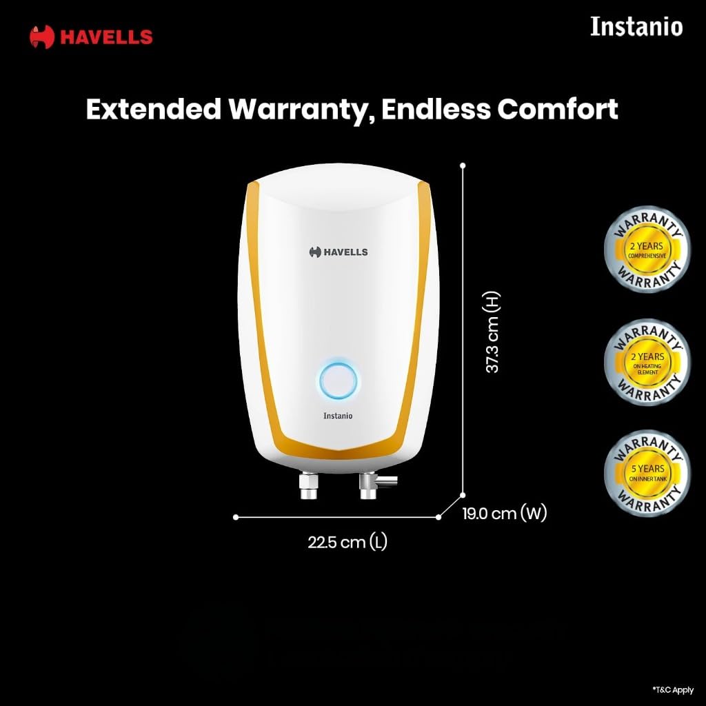 Havells Instanio 3L Instant Water Heater(Geyser)|Temp. Sensing LED Indicator| Rust & Shock Proof Body| ISI Marked|Warranty:5 year on Inner Tank| High Rise Compatible(White Mustard) GHWAIAPWH003