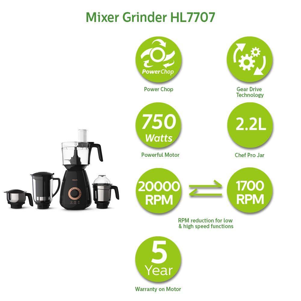 Philips HL7707/00 750W Mixer Grinder with 4 Jars (Black) – PowerChop, Gear Drive, Leak-Proof Design & 24-Hour Delivery from Suraj Electronics