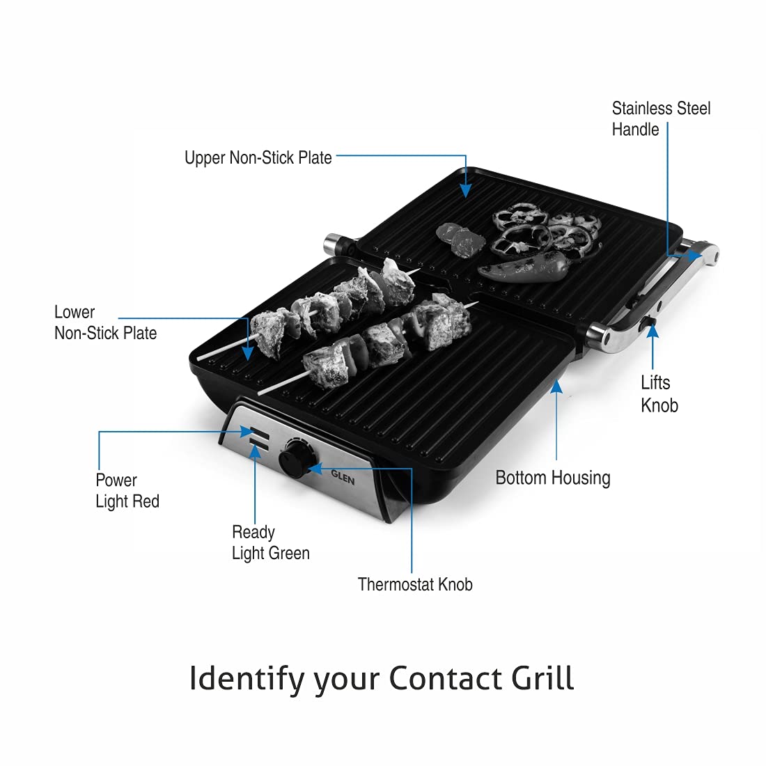 Glen SA3031 2000W Contact Grill with 180° Opening, Non-Stick Plates & Oil Collector Tray – Healthy Indoor Grilling | Suraj Electronics