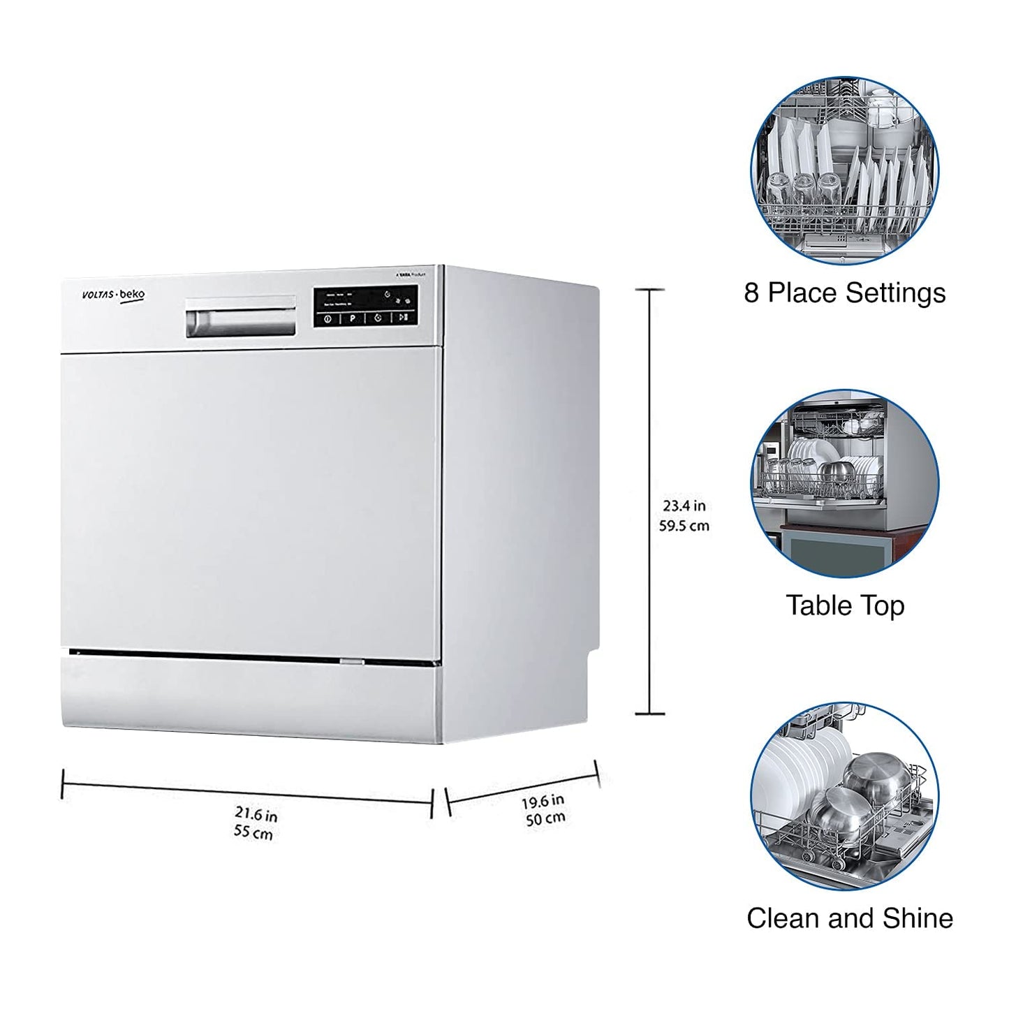 Voltas Beko DT8S 8 Place Settings Table Top Dishwasher (Silver) | Inbuilt Heater | 6 Wash Programs | Suraj Electronics Delhi NCR
