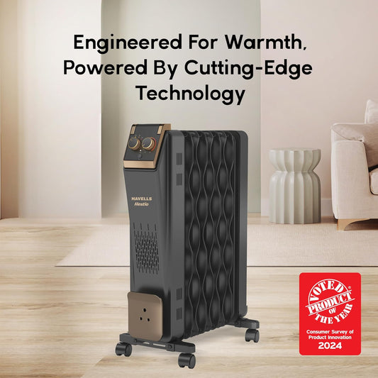 Havells GHROFCJK240 9 Fin Hestio Wave Fin OFR (Oil Filled Radiator)|Room Heater|2400 W|3 Heat Settings & PTC Fan Heater|Inclined Control Panel|Retractable Wheels| Comfortable Breathing|360° Heating (Black)