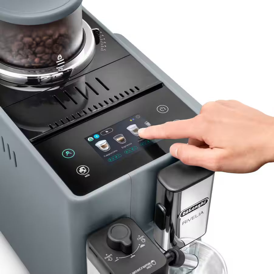 De'Longhi Rivelia EXAM440.55.G Fully Automatic Coffee Machine – LatteCrema Hot, Automatic Milk Frother, Bean-to-Cup, 16 Coffee Recipes, Compact Design, Full Touch Color Display – Grey