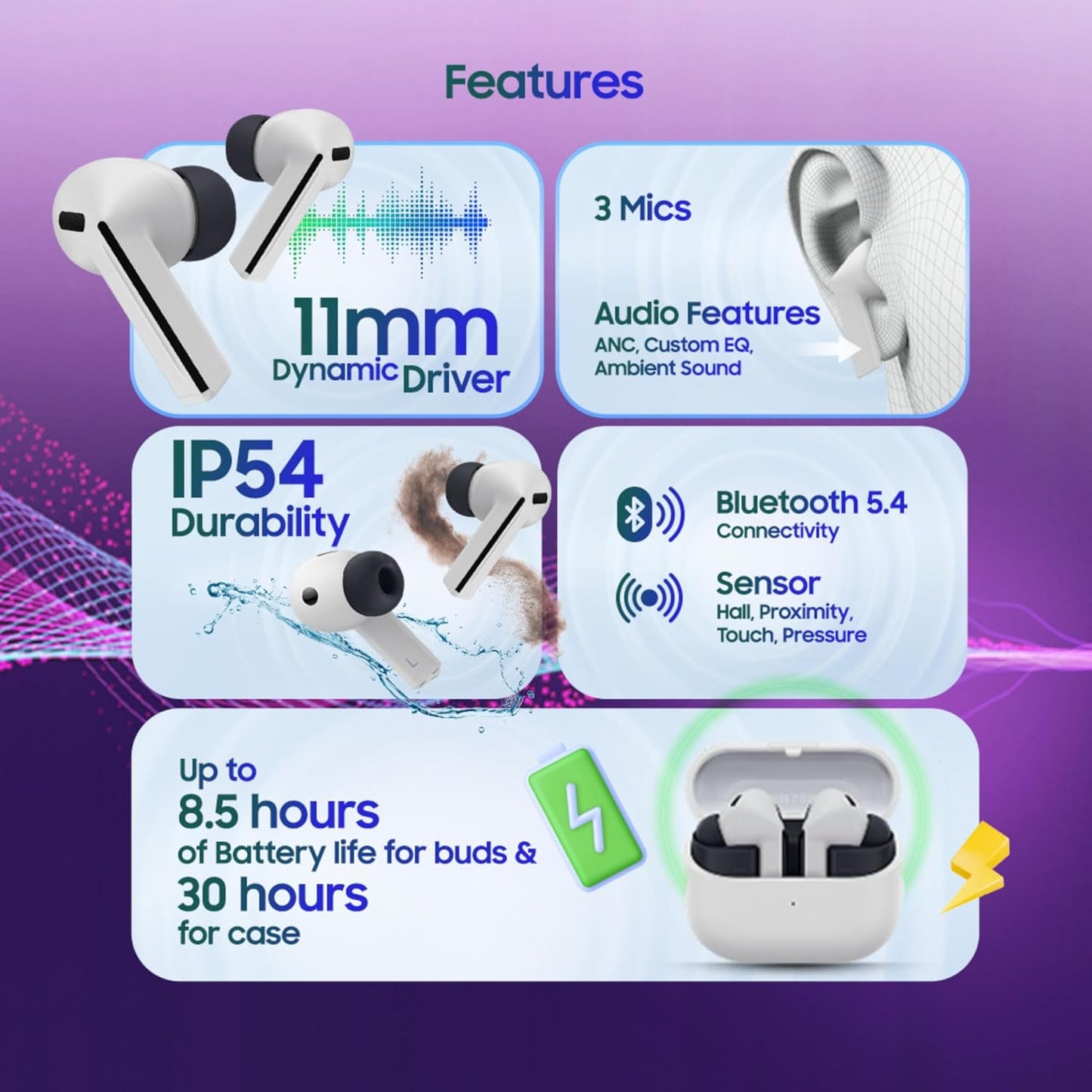 Samsung Galaxy Buds3 FE (Gray) with Galaxy AI | ANC | 360-Audio | IP54 | 11mm Dynamic Driver