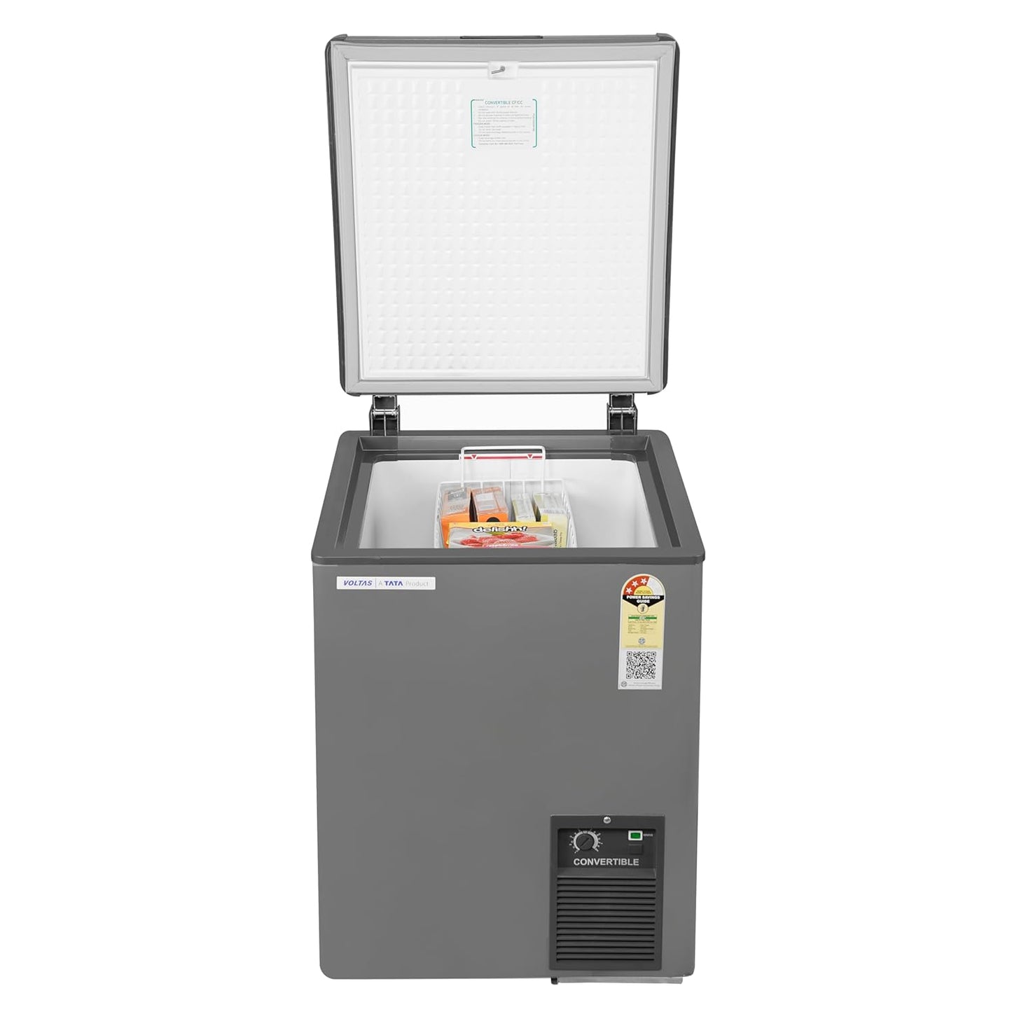 Voltas CVF120SA3-P1-GW 114 Litre 3 Star Convertible Single Door Deep Freezer | Direct Cool | White & Grey | Compact Energy-Efficient Freezer for Home & Commercial Use
