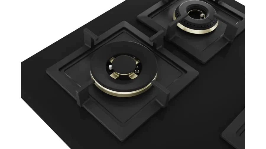 Bosch Built in Gas Hob Black Tempered glass Glass 5 Burner Auto Ignition 90 cm True Brass 2D Ring Burners with Matt Black Heat Shields & Cast Iron pan supports (PNV9B6F20I)