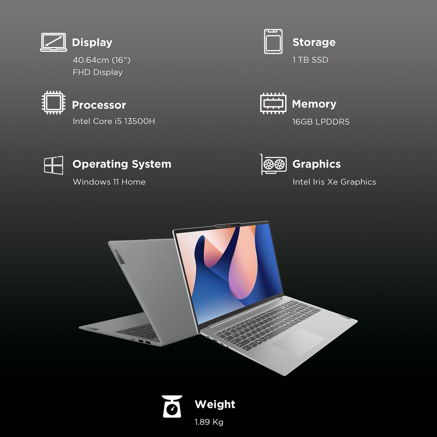 Lenovo Slim 5 Intel Core i5 13th Gen (16 inch, 16GB, 1TB, Windows, MS Office 2021, Intel Iris Xe, Full HD Display, Cloud Grey, 82XF007CIN)