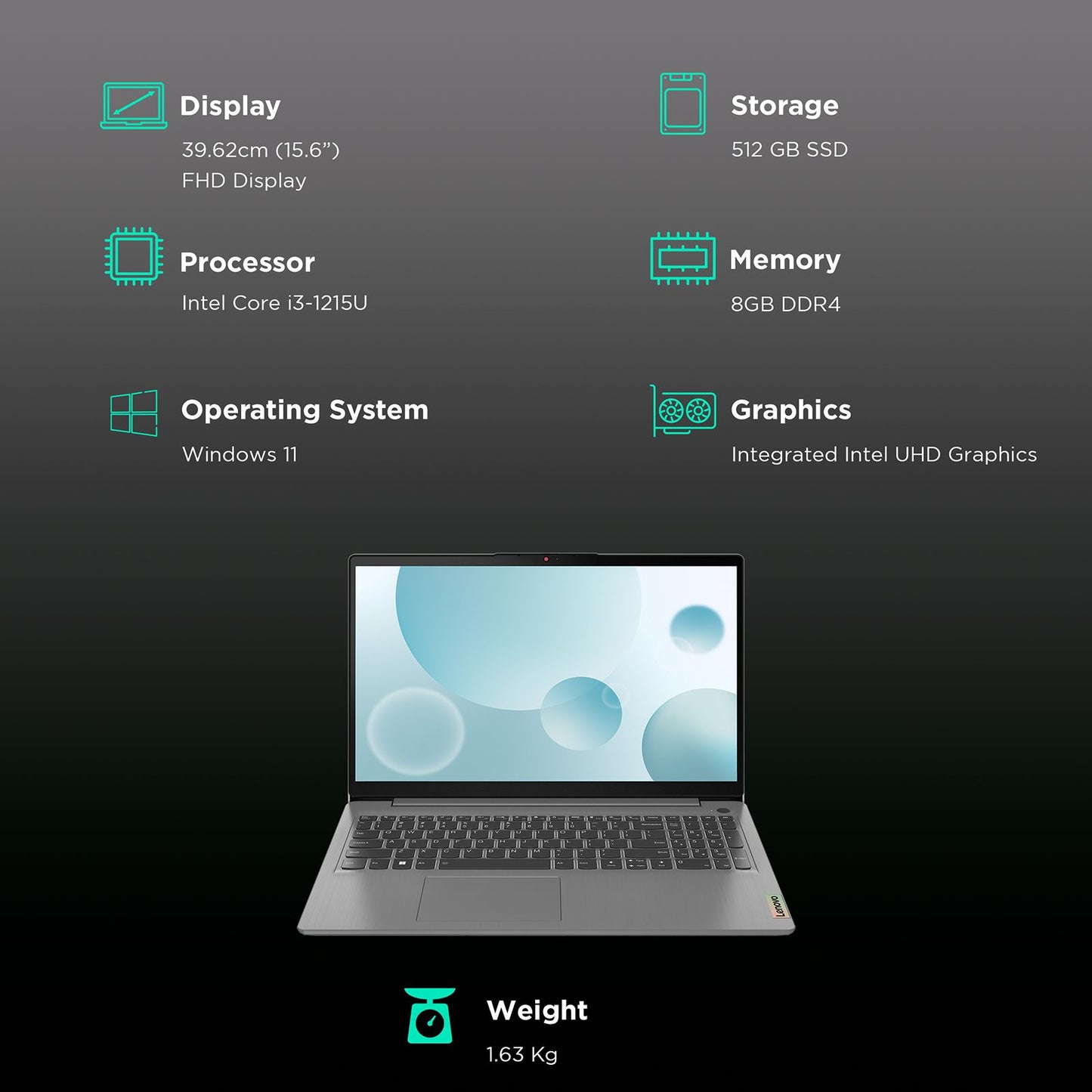 Lenovo IdeaPad 3 15IAU7 Intel Core i3 12th Gen Laptop (8GB, 512GB SSD, Windows 11 Home, 15.6 inch Full HD, MS Office 2021, Arctic Grey, 1.63 KG)