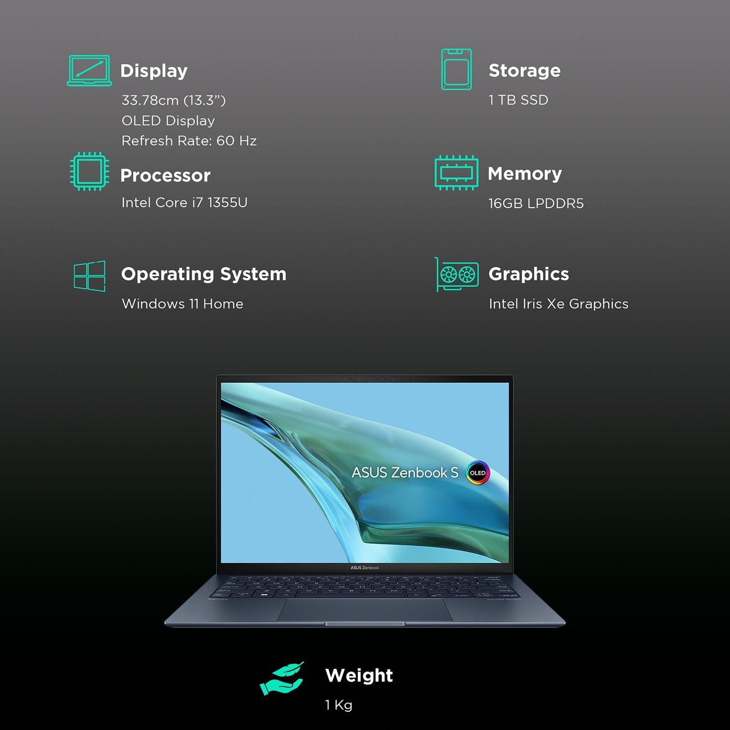 ASUS Zenbook S 13 Intel Core i7 13th Gen Thin and Light Laptop (16GB, 1TB SSD, Windows 11 Home, 13.3 inch OLED Display, MS Office 2021, Ponder Blue, 1 KG)